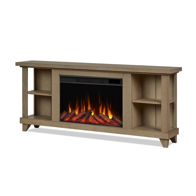 Penrose 58" Slim Electric Fireplace TV Stand in light wood finish with a 10-inch depth, featuring a central electric firebox with LED flames and realistic logs, open shelving on both sides for media storage, supporting TVs up to 55 inches, suitable for small spaces.