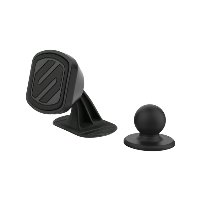 Scosche MMDSD-RP MagicMount Select Dash Magnetic Mount Kit Black with a low-profile magnetic car phone holder featuring a textured adhesive base and 360-degree adjustable arm, plus a separate round magnetic ball mount in matte black, suitable for secure dashboard phone placement and hands-free use.