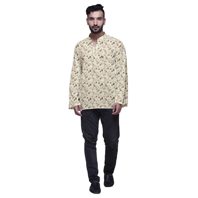 Atasi Kurta Traditionnel en Coton Imprimé à Col Mandarin pour Hommes Chemise Décontractée
