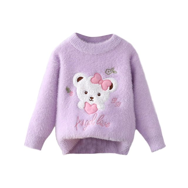 Chandail pour Bébé Fille Col Rond Manches Longues Imprimé Cœur Tricot Automne Hiver Chandail en Molleton Violet