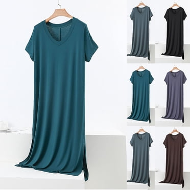 JDQJBZ Robe de Nuit pour Femmes Couleur Unie Col en V Manches Courtes Ample Longue