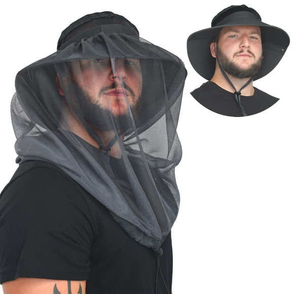 GearTOP Chapeau en Filet Protection UV Chapeau de Soleil Chapeau Filet pour la Tête Chapeau de Pêche pour Hommes et Femmes Chapeau à Grand Bord avec Filet Amovible Noir
