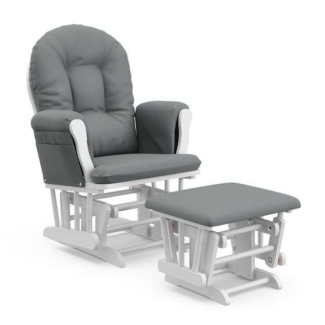 Storkcraft Ensemble de Fauteuil Berçant et Ottoman pour Chambre de Bébé avec Cadre en Bois Massif Blanc et Mouvement de Glissement Fluide, Coussins Gris Rembourrés sur la Chaise et l'Ottoman, Accoudoirs avec Poches de Rangement Latérales, Idéal pour l'Assise et la Détente en Chambre de Bébé.