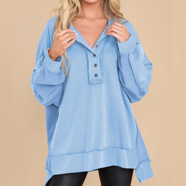 Wiyuqeen Womens Oversized Sweatshirts Button Henley Neck Pullover Loose Fit Tiered Long Sleeve Tops Solid Plain Tshirts for Fall