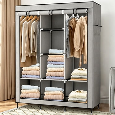 Garde-robe Portable, Garde-Robe de Chambre pour Suspendre des Vêtements / 2 Tringles, 8 Étagères d'Organisateur de Rangement, Gris