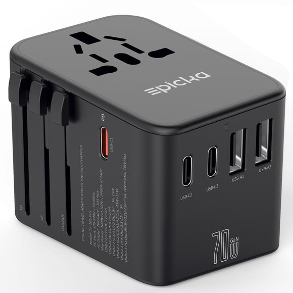 EPICKA Universal Travel Adapter GaN International Plug Adapter with 3 USB-C 70W PD Fast Charging & 2 USB-A Adaptor All-in-one Wall Charger for USA EU UK AUS (TA-105 Pro Black)