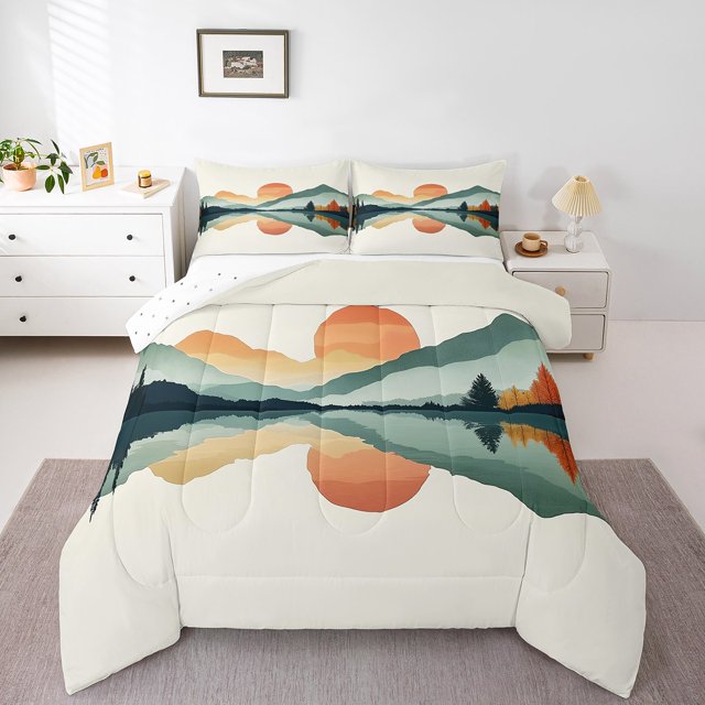 Erosebridal Green Mountain Boho Sun Comforter Sets Full Size, Simple Art Landscape Comforters & Duvets, Reversible 3pcs