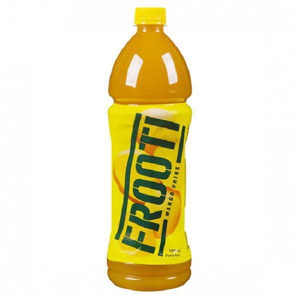 Frooti Mango Drink 1 L plastic bottle with bright yellow label featuring large green Frooti text and mango images, filled with orange mango juice and sealed with a yellow screw cap, a popular Indian mango fruit juice blend ideal for social occasions.