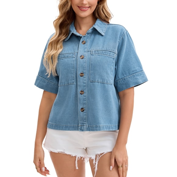 INSPIRE CHIC Veste en Denim à Manches Courtes pour Femme, Chemise Boxy Boutonnée, Hauts Décontractés, Vestes en Jean, L Bleu Pâle