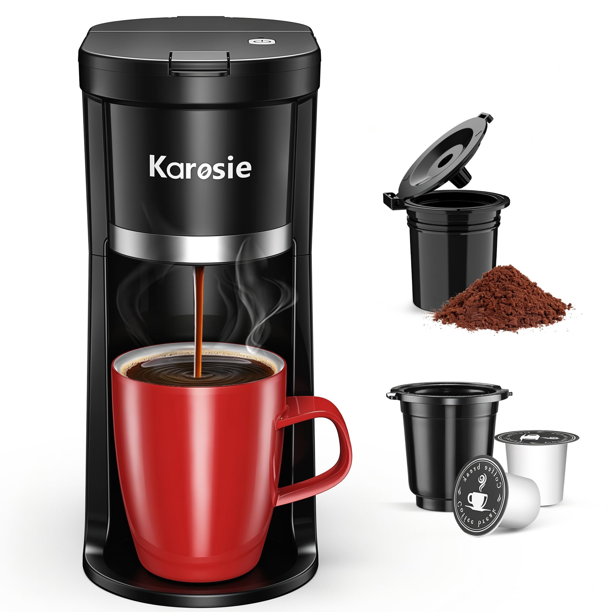 Karosie Small Single Serve Coffee Maker, Fast Brew for K-Cup & Ground Coffee, 6-12 Oz Brew Sizes, One-Button Single Cup Coffee Maker, Coffee Machine with Descaling Remin