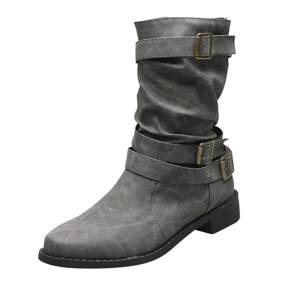 Povozer Women's Wide Width Ankle Boots Flat Heel Short Boots Side Zipper Slouchy Booties(Grey,7.5)