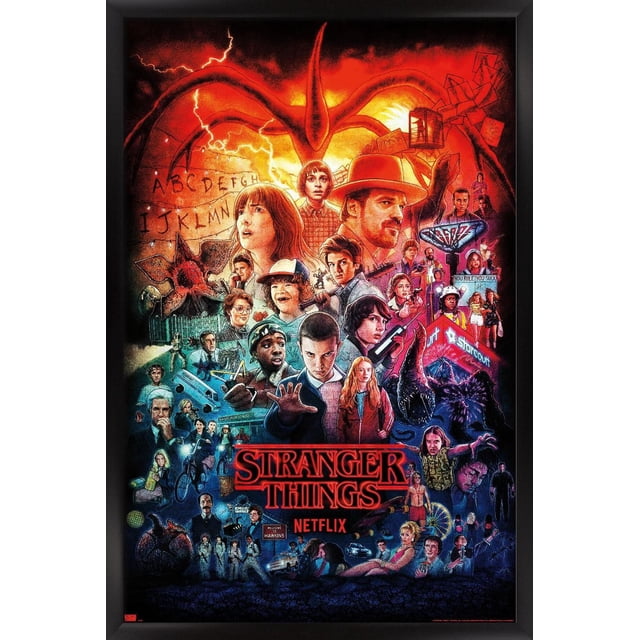 Netflix Stranger Things - Three Seasons One Sheet Wall Poster, 22.375" x 34", magnetic framed poster featuring a detailed collage of Stranger Things characters, the Demogorgon, the Upside Down, Hawkins town elements, and the Christmas light alphabet on a vivid red and blue background.