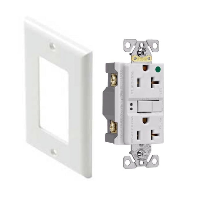 SGFH20W electrical receptacle with 2 positions, 20A Decora GFCI in white, hospital grade, by Eaton Switch. The image shows the receptacle with visible mounting brackets and a white faceplate included, suitable for home improvement and electrical installations.