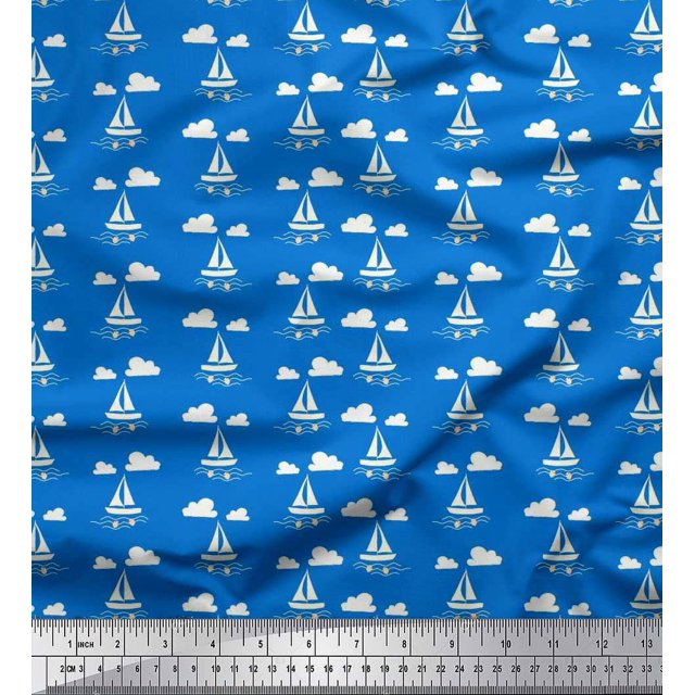 Soimoi Poly Georgette Fabric Cloud,Fish & Yacht Nautical Decor Fabric Printed Yard 42 Inch Wide