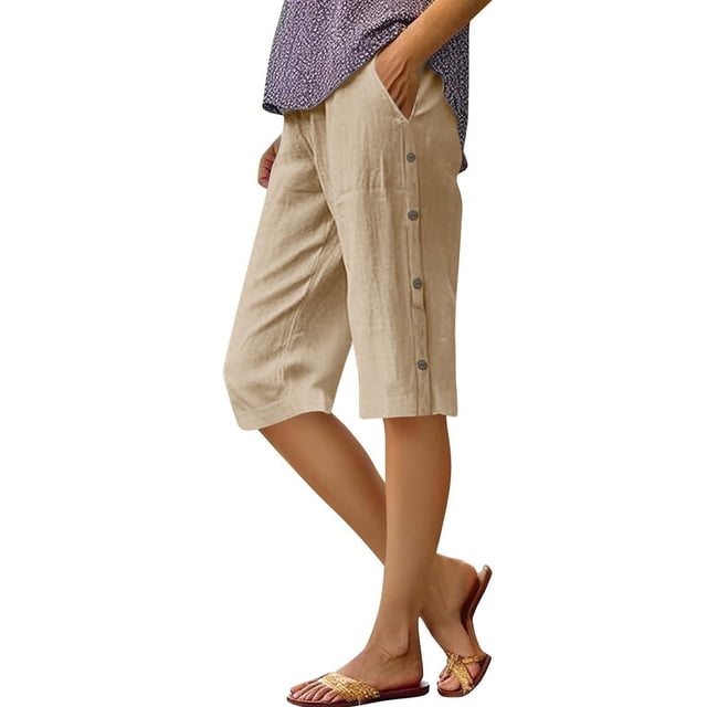 BLVB Linen Shorts for Women High Waisted Lightweight Bermuda Shorts Side Button Short Beach Vacation Outfits Pockets
