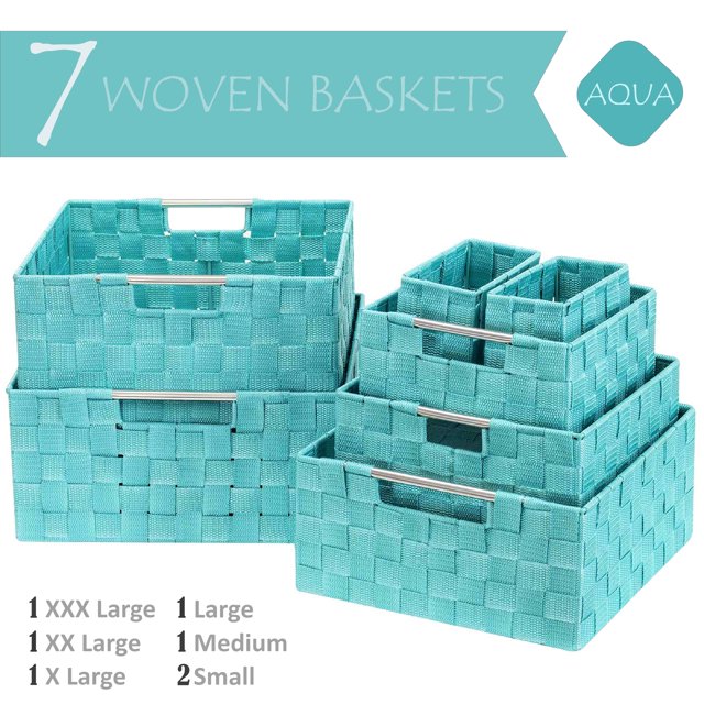 7-Pack Decorative & Durable Woven Fabric Storage Baskets, Shelf & Closet Organization - Aqua