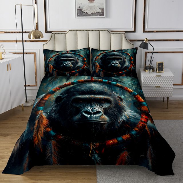 Ensemble de Courtepointe Chimpanzé Attrape-Rêves, Ensemble de Couvre-Lit Boho Plume Simple, Animaux de la Forêt Décor Bohème Exotique