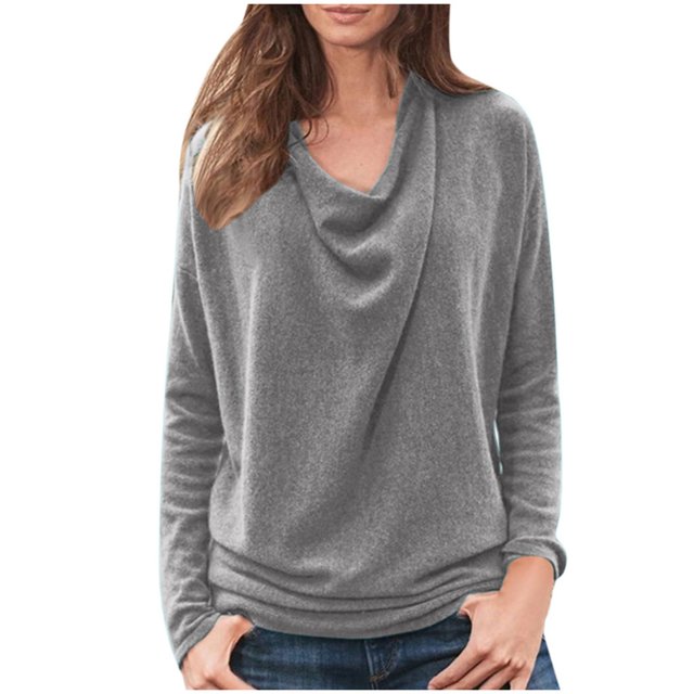 Pompotops T-Shirt Décontracté pour Femme à Col Rond Uni à Manches Longues Coupe Ample Chandail Haut Blouse