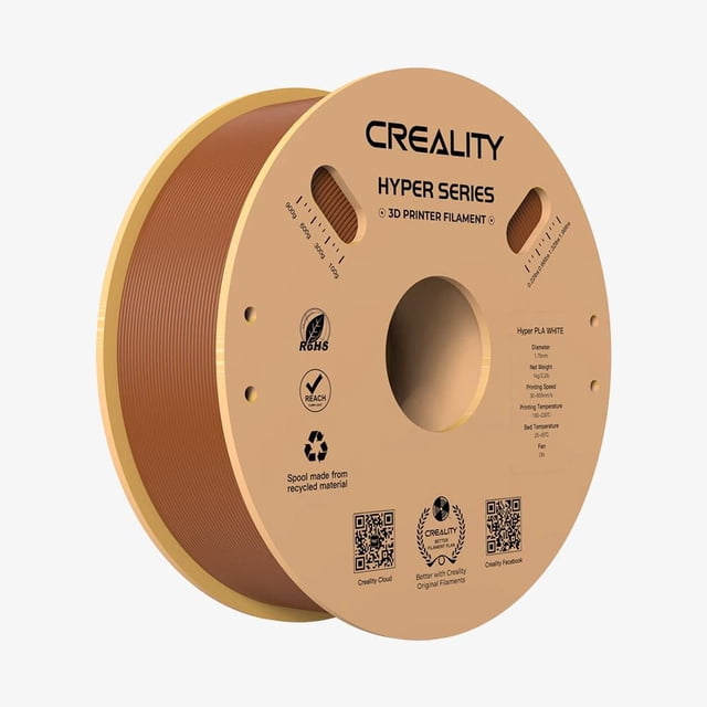 Creality HypeRPLA Filament d'Impression 3D 1 kg Brun, Montré comme une Bobine avec Enroulement Uniforme et Spécifications Imprimées Mettant en Valeur une Haute Précision, un Refroidissement Plus Rapide et un Matériau de Bobine Recyclé Écoresponsable, Incluant des codes QR pour Creality Cloud et Facebook.
