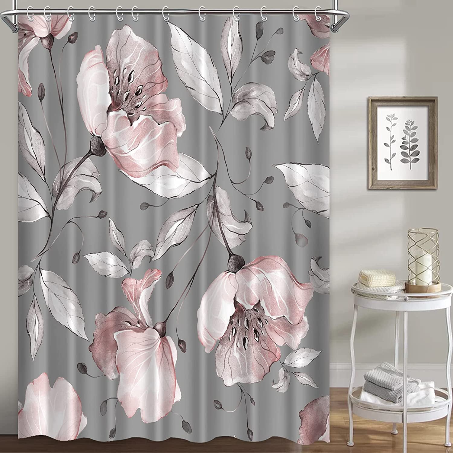 Floral Shower Curtains for Bathroom, Pink Grey Rose Flowers Shower Curtain Set Blue Background Fabric Waterproof Washable$ Floral Shower Curtain, Flower Fabric Bathroom Curtains Set