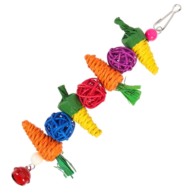 Interesting Bird Toy Wear-resistant Cockatiel Toy Delicate Parakeet Toy Bird Accessory featuring a colourful design with assorted materials including paper, maize leaf, acrylic, palm leaf, and metal. The toy includes vibrant carrot-shaped elements and woven balls in orange, blue, purple, and yellow, with a red bell at the bottom. It measures 26.00x7.00x3.00cm and is equipped with a hook for easy installation, providing engaging physical activity for birds.