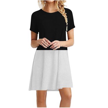 Pisexur Short Sleeve Round-Neck Dress Women's Casual Color-Blocking Printed Short-Sleeved Round-Neck Dress Women Dress