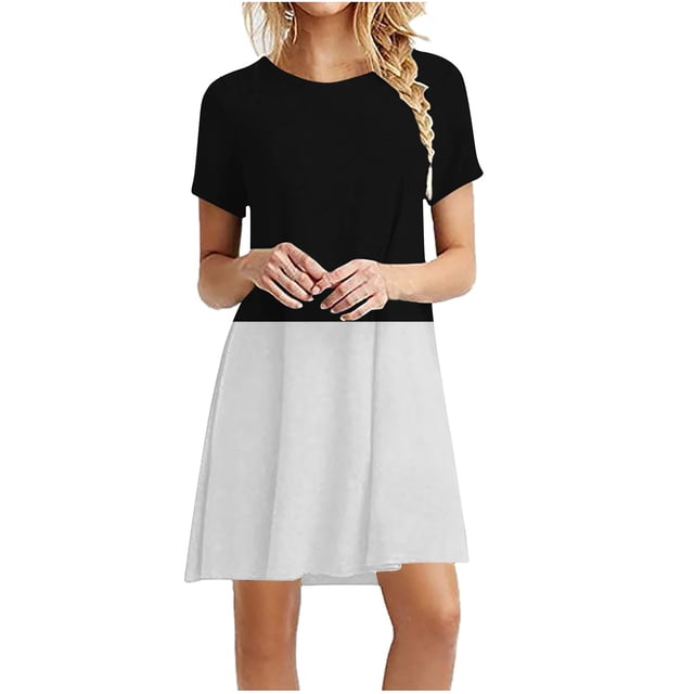 Pisexur Robe à Manches Courtes à Col Rond pour Femme, Robe Décontractée à Blocs de Couleur Imprimée à Manches Courtes à Col Rond pour Femme, Robe pour Femme