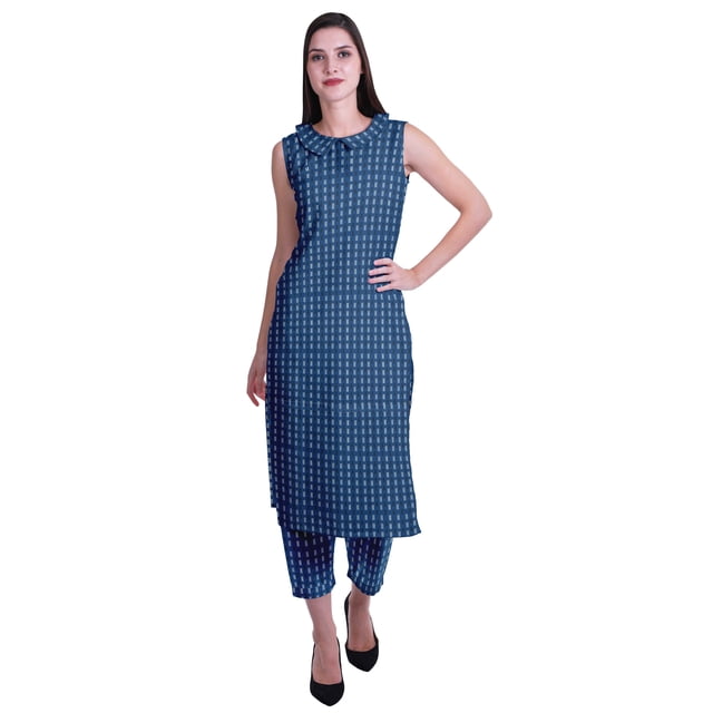 Moomaya Kurta Sans Manches à Col Peter Pan avec Pantalon Ensemble Ethnique 2 Pcs pour Femmes
