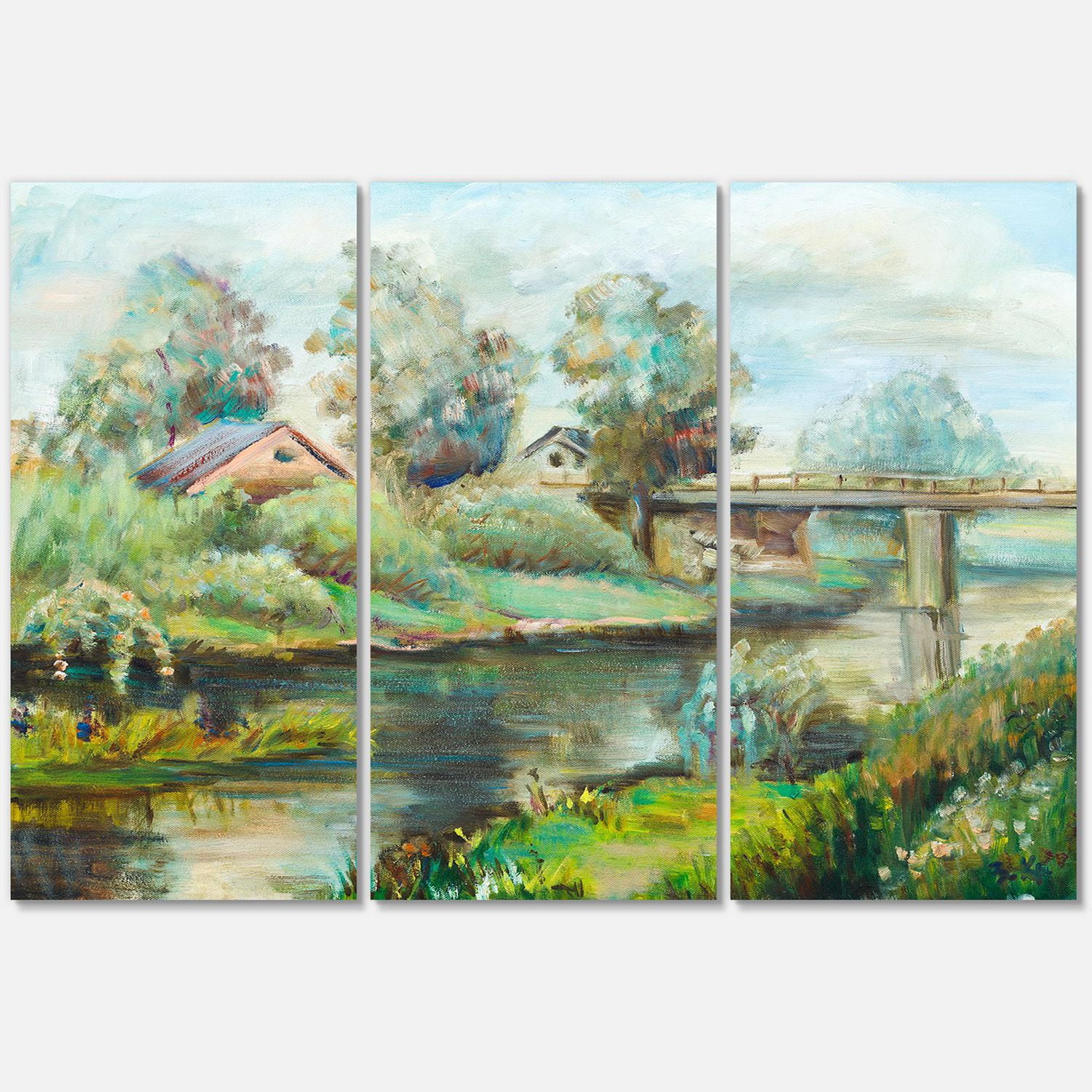 Designart Pont sur la rivière dans un paysage rustique Art mural sur toile