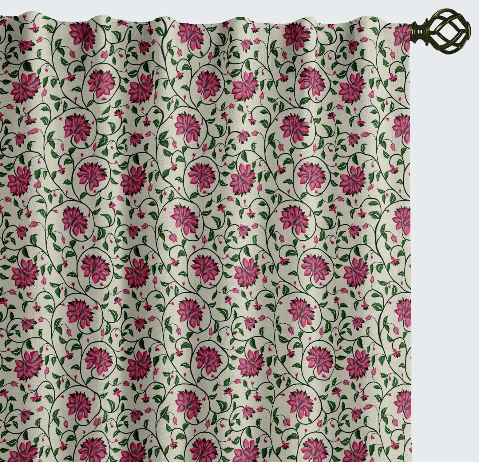 Vargottam 84 Inch Rod Pocket/Back Tab Cotton Curtains for Windows and Doors - Light Filtering Cotton - Light Filtering Drapes For Doors - Set of 2 Panels, 52"x84" - Floral Vine Print (Pink)