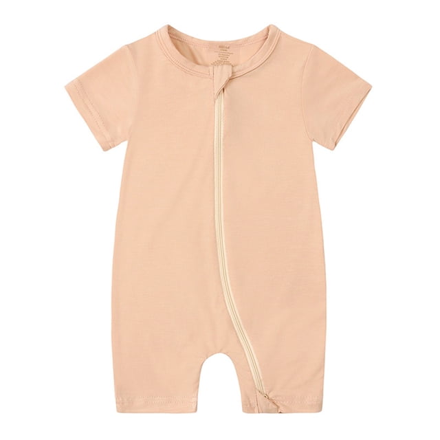 AherBiu Unisex Baby Clothes Short Sleeve Zip up Newborn Onesie Summer Crewneck Solid Color Rompers Outfits