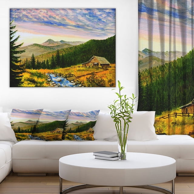 Design Art Coucher de Soleil dans les Montagnes Impression sur Toile Galerie Enveloppée d'Un Cadre en Bois de 1 Pouce, Représentant une Cabane Rustique au Bord d'Un Ruisseau avec des Pins et des Champs Dorés sous un Ciel de Coucher de Soleil vibrant, Exposée au-Dessus d'Un sofa Blanc avec Coussins et Rideaux Assortis dans un Salon Moderne, Prête à Accrocher avec Trousses Incluses.