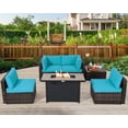 thumbnail image 3 of Patiojoy 6 Pieces Outdoor PE Rattan Wicker Sectional Sofa with 42" 60,000 BTU Gas Fire Pit Table, Patio Conversation Set with Tempered Glass Coffee Table Turquoise, 3 of 10
