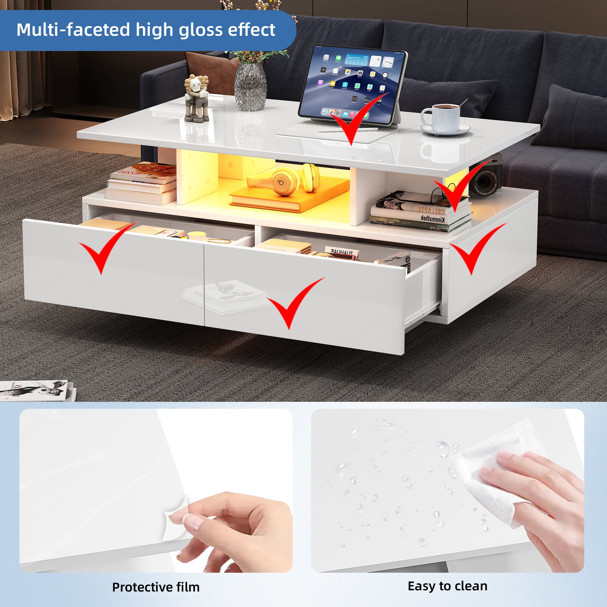 Homy Casa, table basse blanche avec DEL, 2 tiroirs, rangement ouvert et contrôle Bluetooth par appli pour salon