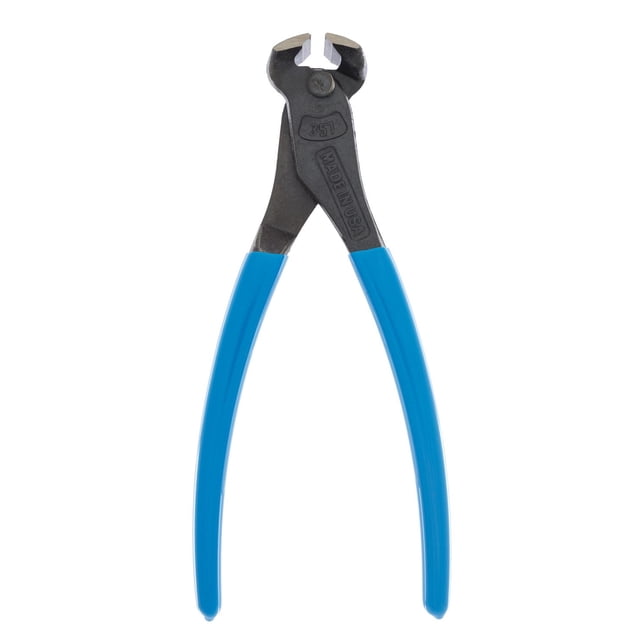 CHANNELLOCK 7" End Cutting Plier with blue comfort grips and forged black high carbon steel jaws featuring laser heat-treated cutting edges and Xtreme Leverage Technology for reduced hand fatigue, shown front-facing on white background, suitable for precise wire and nail cutting.