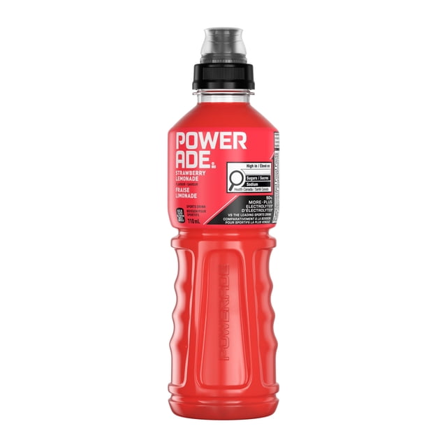 Powerade Strawberry Lemonade Bottle, 710 mL, front view of a red sports drink bottle with a black and gray sports cap, featuring Powerade branding and a Health Canada label warning of high sugar and sodium, formulated with ION4 electrolyte system to replenish key electrolytes lost in sweat, ideal for hydration and energy during physical activity.