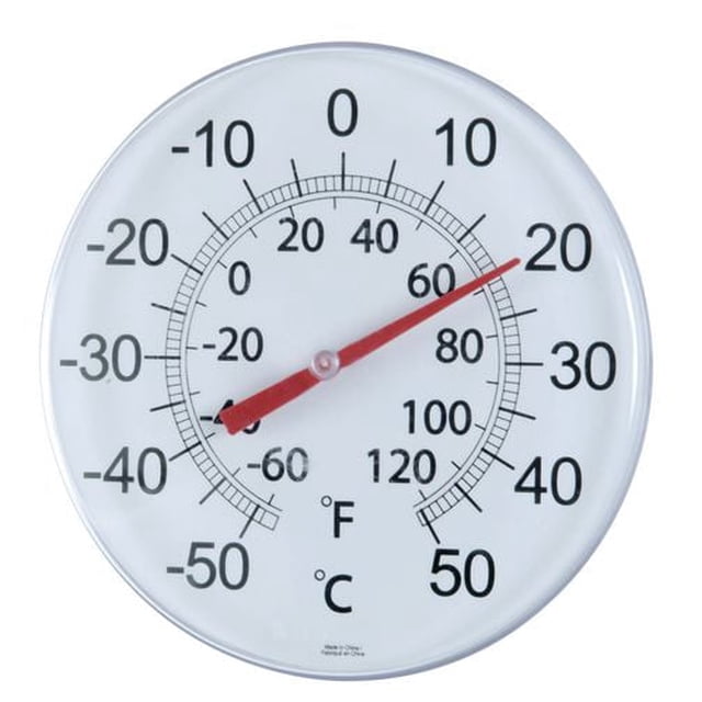12" Dial Thermometer with a large white dial featuring black Celsius and Fahrenheit temperature scales and a red needle pointing near 20°C (68°F), designed for outdoor wall mounting in weather station and temperature monitoring applications.