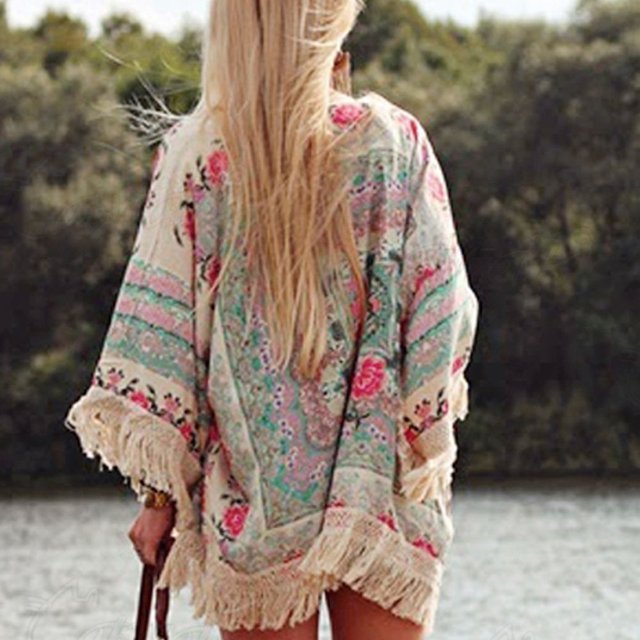 Cardigan Kimono à Franges Ample à Fleurs pour Femmes, Châle, Manteau, Veste, Cache-Cœur, Hauts, Couvre-Maillot