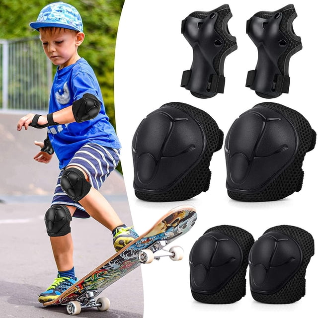 Cameland Outdoor Products 6 In 1 Protective Gear Knee Pads Set For Kids, featuring a pair of black knee pads, elbow pads, and wrist guards made of durable PVC and sponge material. The set is designed for comfort and breathability with elastic straps for a secure fit. Suitable for activities like skateboarding, cycling, and roller skating. The image shows a child wearing the gear while skateboarding, with the protective pads prominently displayed.
