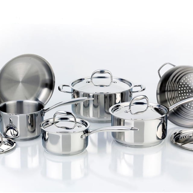 Meyer Accolade Stainless Steel Cookware Set, 11-Piece, Made in Canada. This kitchenware set includes pots, pans, and lids made from polished stainless steel with ergonomic handles. Ideal for various cooking tasks, it combines durability with a sleek, modern design.