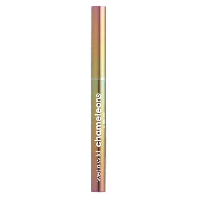 CHAMELEON CHROME EYELINER in a retractable metallic tube with a light-shifting chrome finish blending gold, green, and pink hues, featuring white wet n wild branding, designed for waterproof, smudge-proof long-lasting eye makeup.