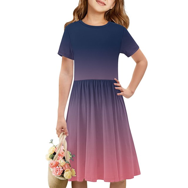 Été jusqu'à 65 % de Rabais Iumwxz Robe Décontractée Trapèze Robe Tunique pour Adolescentes Robes Col Rond Dégradé Graphique Robe à Manches Courtes pour Enfants Robes Tendance pour Costume 4-14 Ans