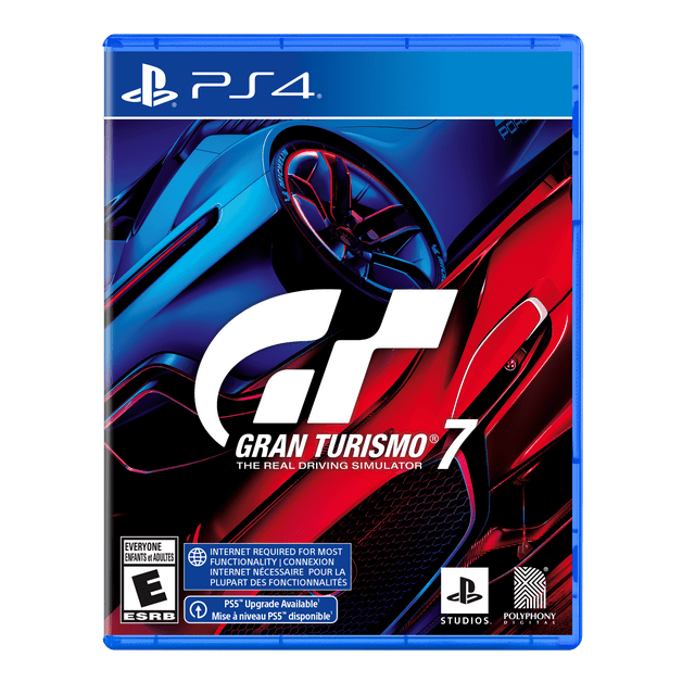 Gran Turismo 7 (PS4) game case showing a close-up angled view of a blue and red sports car front with detailed wheel and grille, PlayStation 4 branding, ESRB Everyone rating, and PS5 upgrade availability, highlighting this racing simulator and driving game.