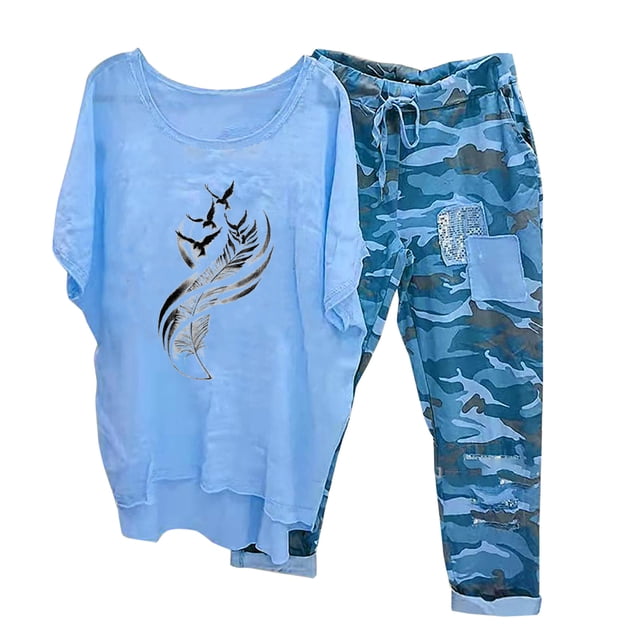 Mikilon Ensemble de Détente Confortable pour Femmes, Tenue d'Intérieur 2 Pcs, Ensemble de Détente Imprimé, Haut à Manches Mi-Longues à Col Rond + Pantalon, Bleu-E m
