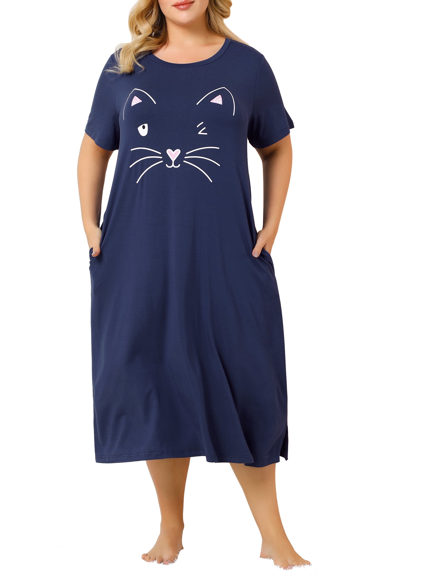 Agnes Orinda Nuisettes pour Femmes Grande Taille Fête des Mères Col Rond Manches Courtes Robe de Nuit Imprimé Chats Pyjamas Détente Maison avec Poche 3X Bleu Marine
