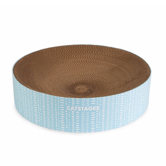 Catstages Scratch & Cuddle 2-in-1 Cat Scratcher and Bed Bowl with a round bowl shape, light blue exterior featuring white simple patterns, and a textured brown recycled corrugate interior for cats up to 10 lbs to scratch and lounge comfortably.