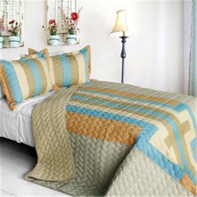 Free Sunday - 3 Pieces Vermicelli-Quilted Patchwork Quilt Set Full & Queen Size - Blue