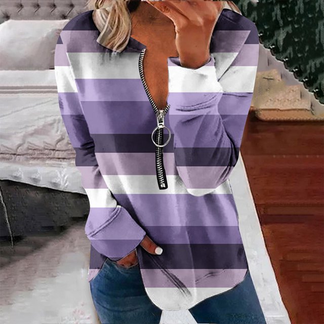 Chandails à Capuchon Mode pour Femmes 2023 Hauts Automne Manches Longues Ample Chandail à Enfiler Chemise Chic Décontracté Dames Rayé Col Rond Chandails 50 % de Rabais Liquidation Costumes d'Halloween/Noël