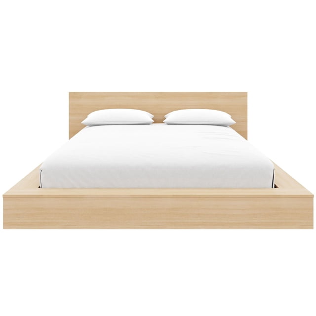 Kanso Low Profile Queen Bed with Headboard in natural oak finish, front view showing a minimalist platform bed with wide edges and a sleek low-profile headboard, styled with white bedding and pillows on a white background, ideal for a calming, open bedroom space.
