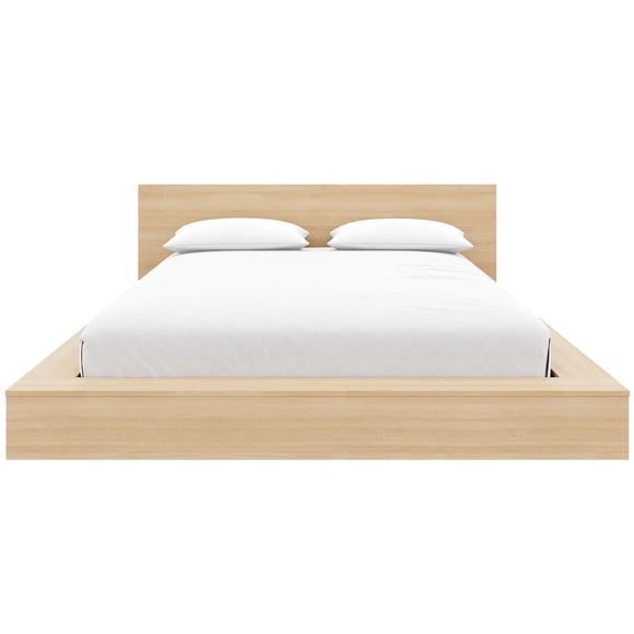 Nexera Kanso Low Profile Queen Platform Bed with Headboard, Natural Blonde Oak